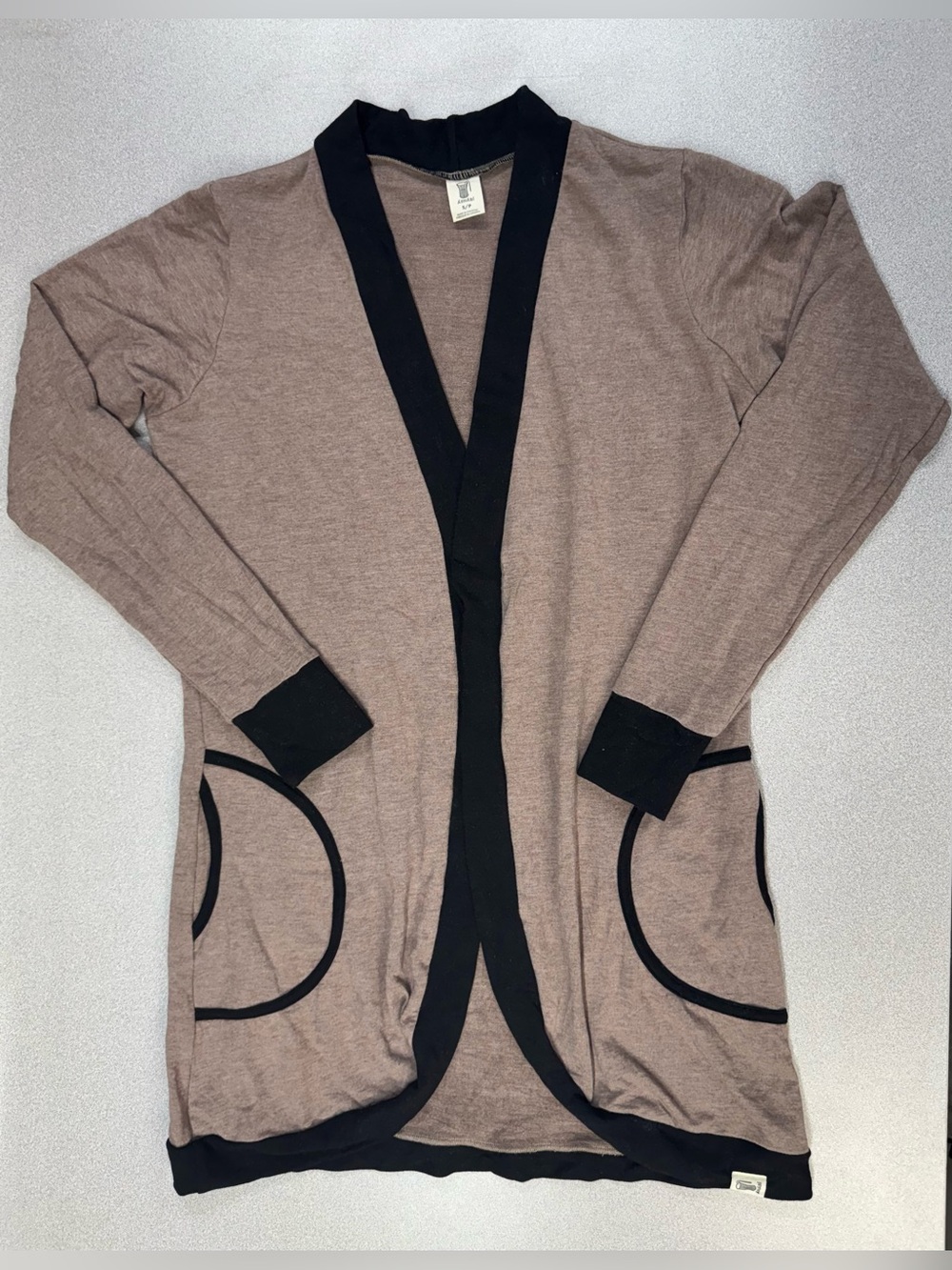 Ashabi Taupe Open Cardigan with Black Trim Soft Lightweight Long Sleeve Contrast